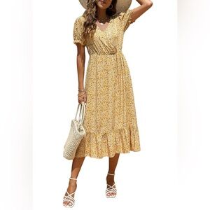 Ditsy Floral Print‎ Yellow V Neck Boho Midi Faux Wrap sundress summer prairie L